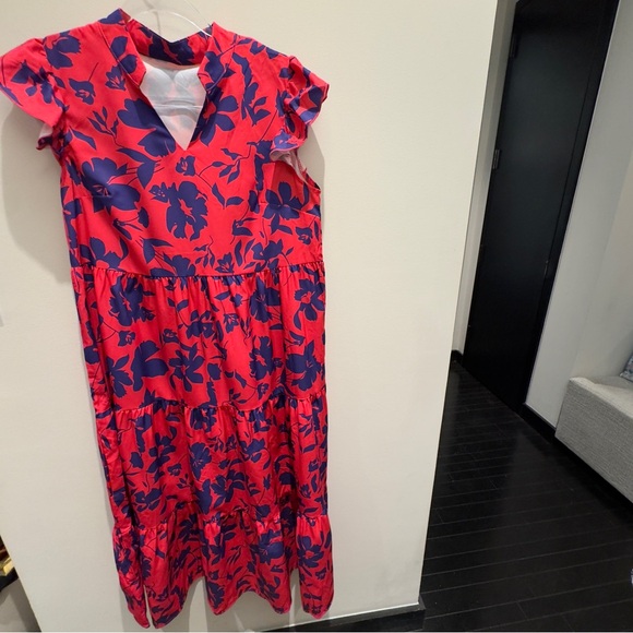 NWOT- Pink and Purple Floral Flutter Sleeve Tier Ruffle Midi Dress Size M - Picture 5 of 10